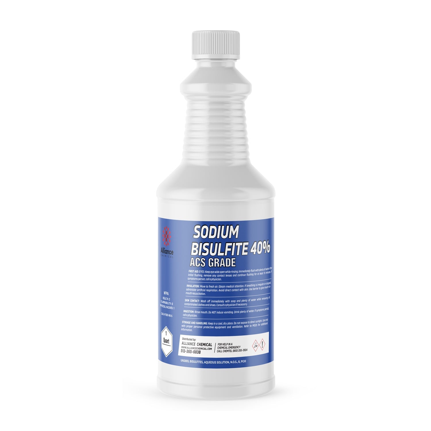 Quart bottle of Sodium Bisulfite 40% ACS Grade solution in white HDPE container with blue label, corrosive hazard symbol, and safety information.
